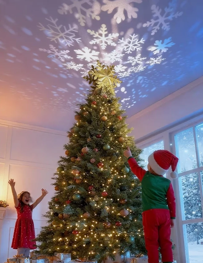 Christmas Tree Topper Lighted w/ Golden Snowflake Projector, Led Rotating, 3D Hollow Glitter Lighted Decorations