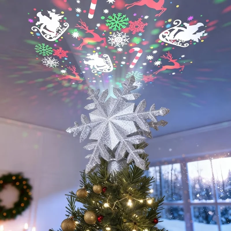 Christmas Tree Topper Lighted w/ 6 Projected Patterns, Led Rotating Magic Snowflake, 3D Hollow Glitter Lighted Decorations - (Silver)