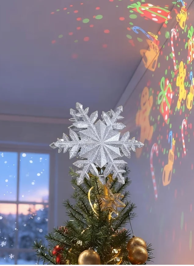 Christmas Tree Topper Lighted w/ 6 Projected Patterns, Led Rotating Magic Snowflake, 3D Hollow Glitter Lighted Decorations - (Silver)