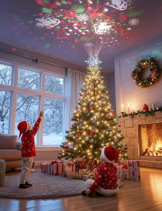Christmas Tree Topper Lighted w/ 6 Projected Patterns, Led Rotating Magic Snowflake, 3D Hollow Glitter Lighted Decorations - (Silver)