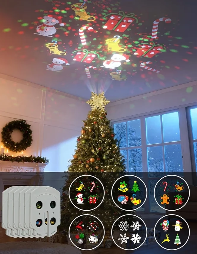 Christmas Tree Topper Lighted w/ 6 Projected Patterns, Led Rotating Magic Snowflake, 3D Hollow Glitter Lighted Decorations - (Gold)