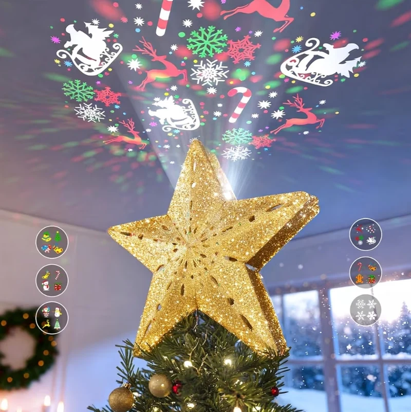 Christmas Tree Topper Lighted Star w/ 6 Projected Patterns,3D Hollow with Rotating Magic Projector for Christmas Tree Ornament -(Gold)