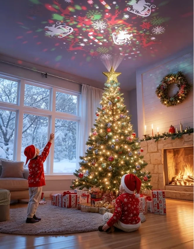 Christmas Tree Topper Lighted Star w/ 6 Projected Patterns,3D Hollow with Rotating Magic Projector for Christmas Tree Ornament -(Gold)