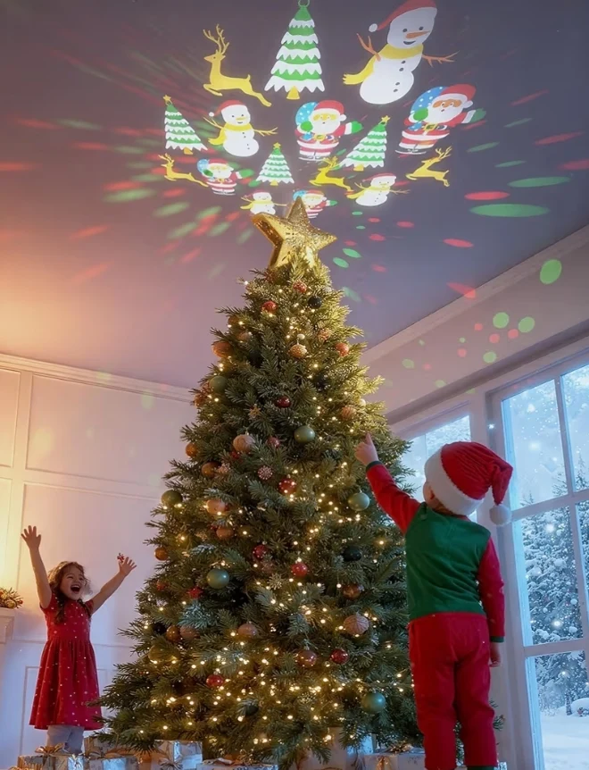 Christmas Tree Topper Lighted Star w/ 6 Projected Patterns,3D Hollow with Rotating Magic Projector for Christmas Tree Ornament -(Gold)