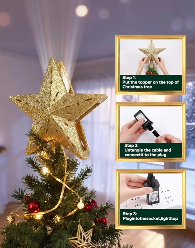 Christmas Tree Topper Lighted Star w/ 6 Projected Patterns,3D Hollow with Rotating Magic Projector for Christmas Tree Ornament -(Gold)
