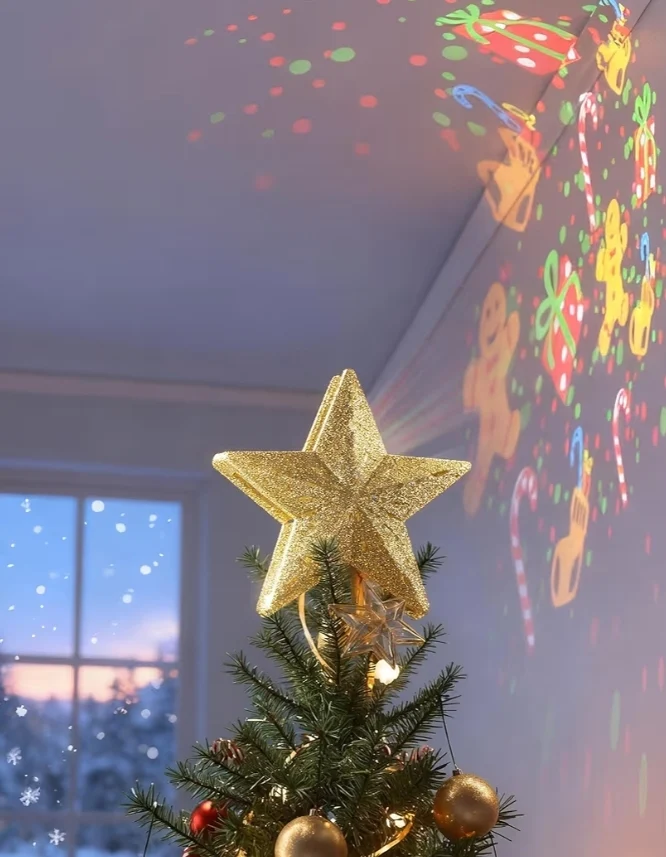 Christmas Tree Topper Lighted Star w/ 6 Projected Patterns,3D Hollow with Rotating Magic Projector for Christmas Tree Ornament -(Gold)