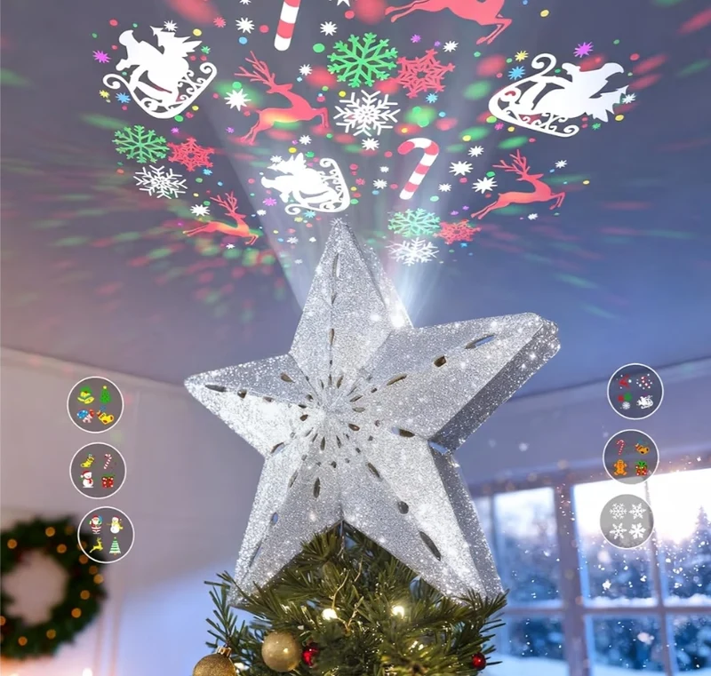 Christmas Tree Topper Lighted Star w/ 6 Projected Patterns,3D Hollow with Rotating Magic Projector for Christmas Tree Ornament -(Silver)