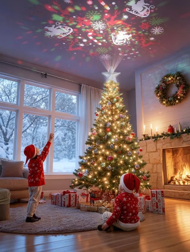 Christmas Tree Topper Lighted Star w/ 6 Projected Patterns,3D Hollow with Rotating Magic Projector for Christmas Tree Ornament -(Silver)