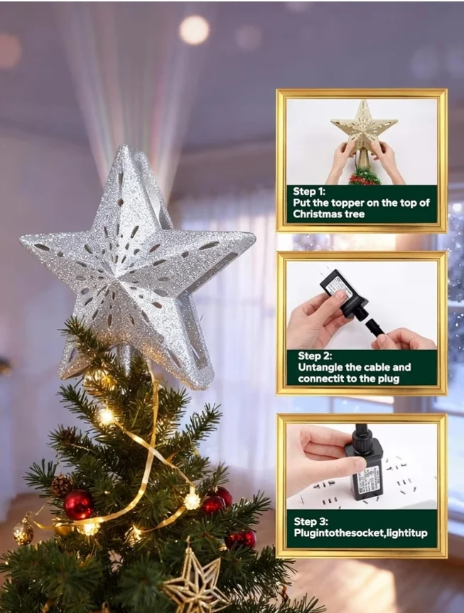 Christmas Tree Topper Lighted Star w/ 6 Projected Patterns,3D Hollow with Rotating Magic Projector for Christmas Tree Ornament -(Silver)