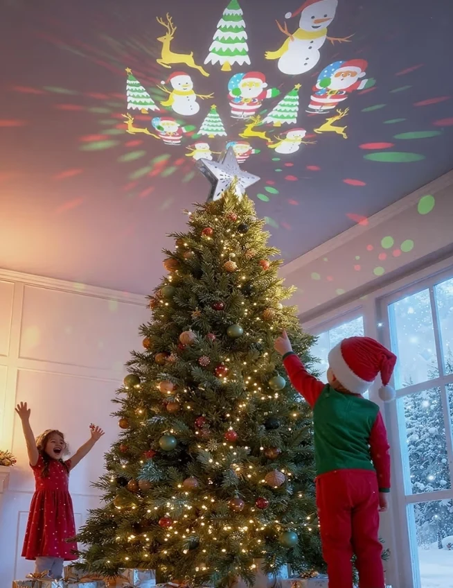 Christmas Tree Topper Lighted Star w/ 6 Projected Patterns,3D Hollow with Rotating Magic Projector for Christmas Tree Ornament -(Silver)