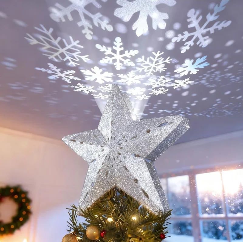 Christmas Tree Topper Lighted Star,3D Hollow Sparkling with Rotating Magic Cool White Snowflake Projector - (Silver)