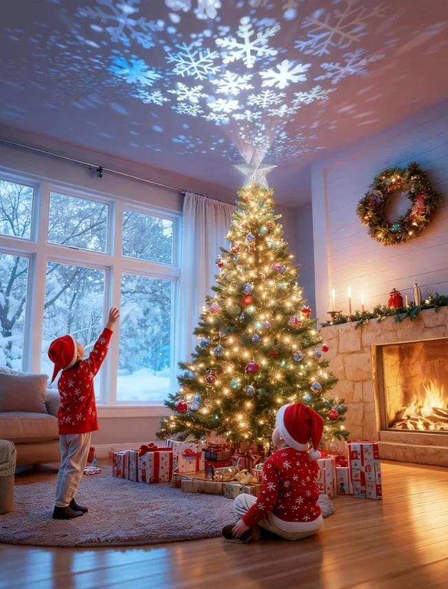 Christmas Tree Topper Lighted Star,3D Hollow Sparkling with Rotating Magic Cool White Snowflake Projector - (Silver)