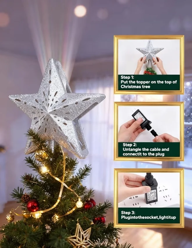 Christmas Tree Topper Lighted Star,3D Hollow Sparkling with Rotating Magic Cool White Snowflake Projector - (Silver)