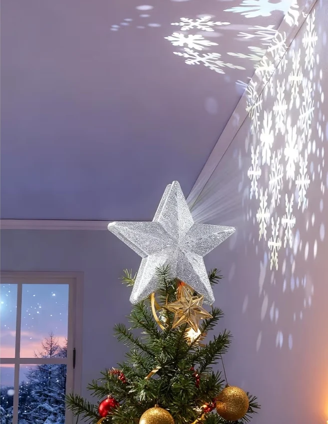 Christmas Tree Topper Lighted Star,3D Hollow Sparkling with Rotating Magic Cool White Snowflake Projector - (Silver)