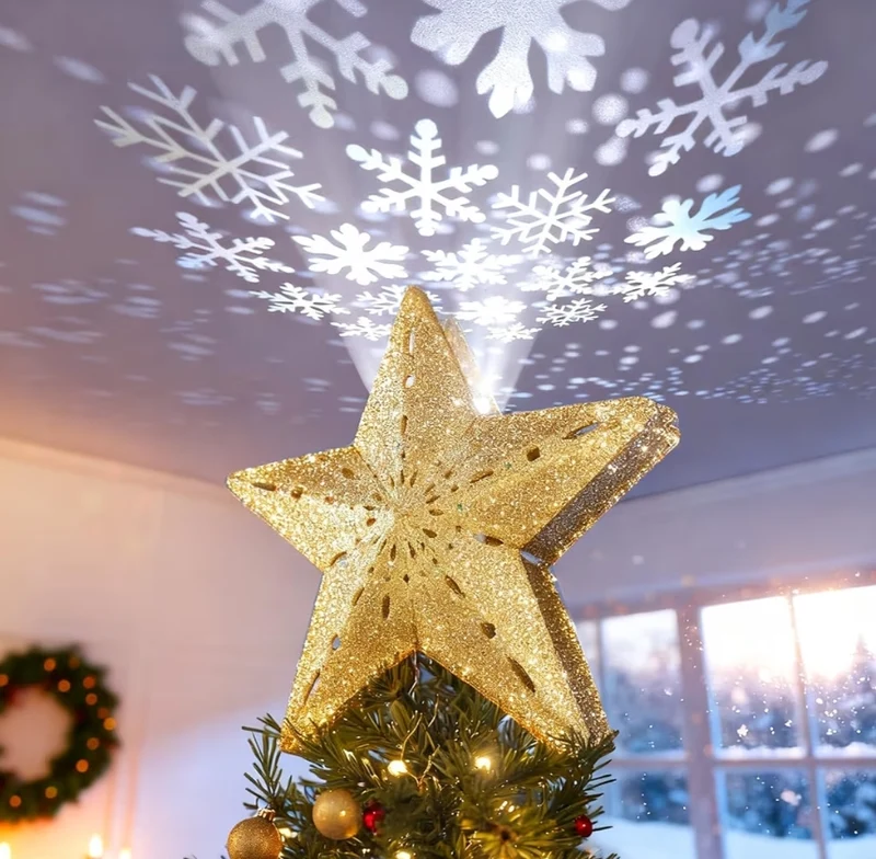 Christmas Tree Topper Lighted Star ,3D Hollow Sparkling with Rotating Magic Cool White Snowflake Projector - (Gold)