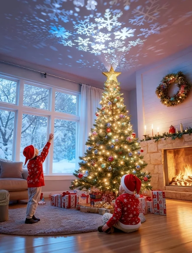 Christmas Tree Topper Lighted Star ,3D Hollow Sparkling with Rotating Magic Cool White Snowflake Projector - (Gold)