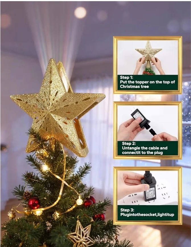 Christmas Tree Topper Lighted Star ,3D Hollow Sparkling with Rotating Magic Cool White Snowflake Projector - (Gold)
