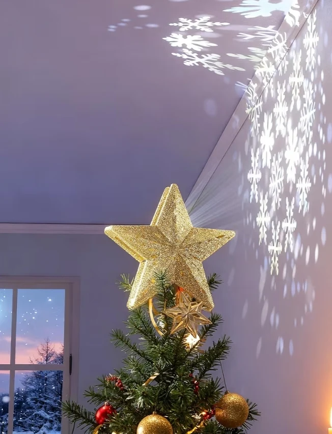 Christmas Tree Topper Lighted Star ,3D Hollow Sparkling with Rotating Magic Cool White Snowflake Projector - (Gold)