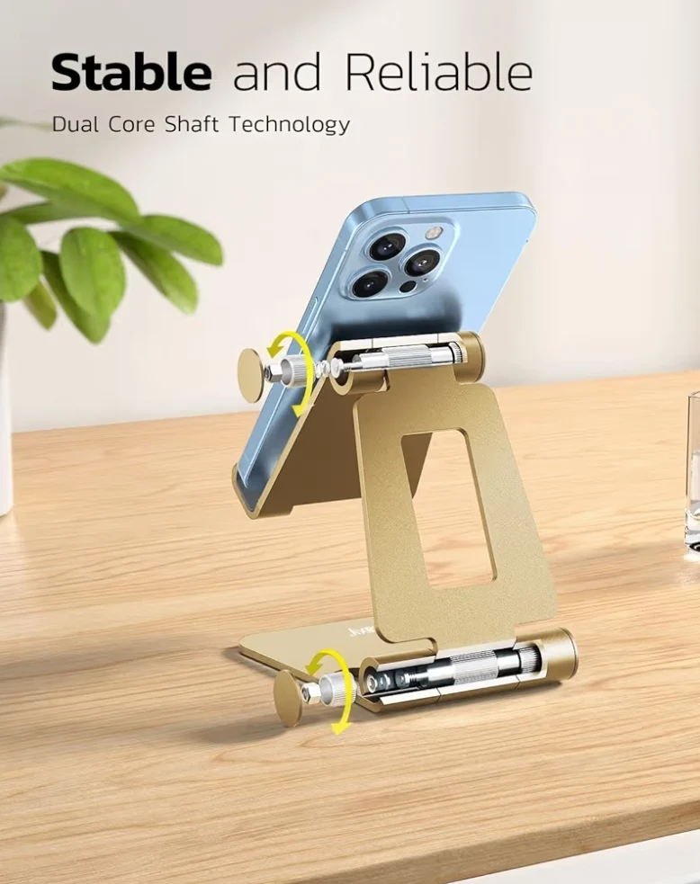 Dual Folding Fully Adjustable Foldable Phone Cradle Dock Compatible w/ iPhone 11-17 Pro Max Xs Xr X 8, Nintendo Switch, All Phones - (Gold)