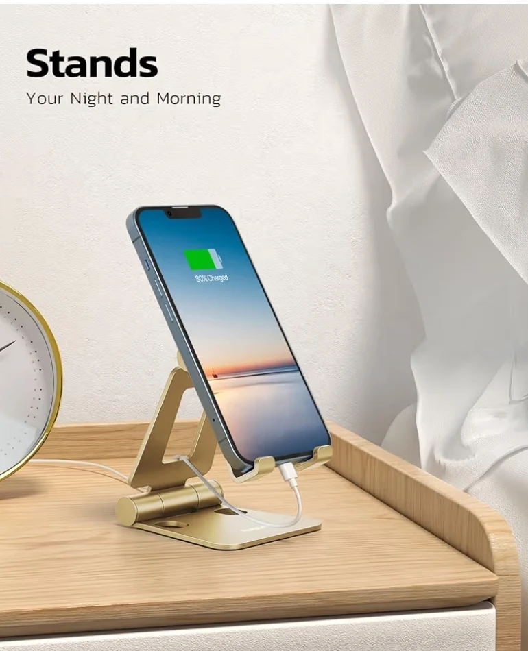 Dual Folding Fully Adjustable Foldable Phone Cradle Dock Compatible w/ iPhone 11-17 Pro Max Xs Xr X 8, Nintendo Switch, All Phones - (Gold)