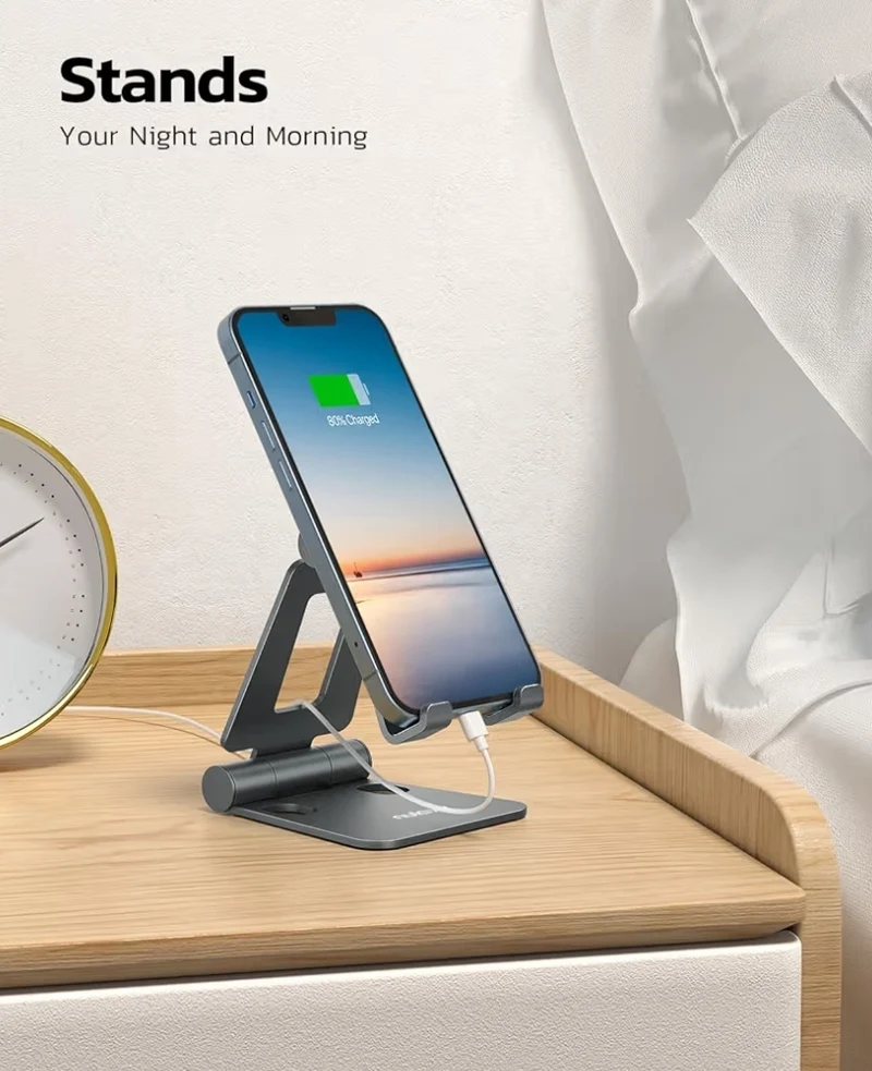 Dual Folding Fully Adjustable Foldable Phone Cradle Dock Compatible w/ iPhone 11-17 Pro Max Xs Xr X 8, Nintendo Switch, All Phones - (Gray)