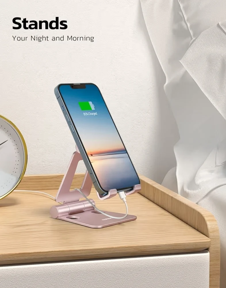Dual Folding Fully Adjustable Foldable Phone Cradle Dock Compatible w/ iPhone 11-17 Pro Max Xs Xr X 8, Nintendo Switch, All Phones - (Rose Gold)