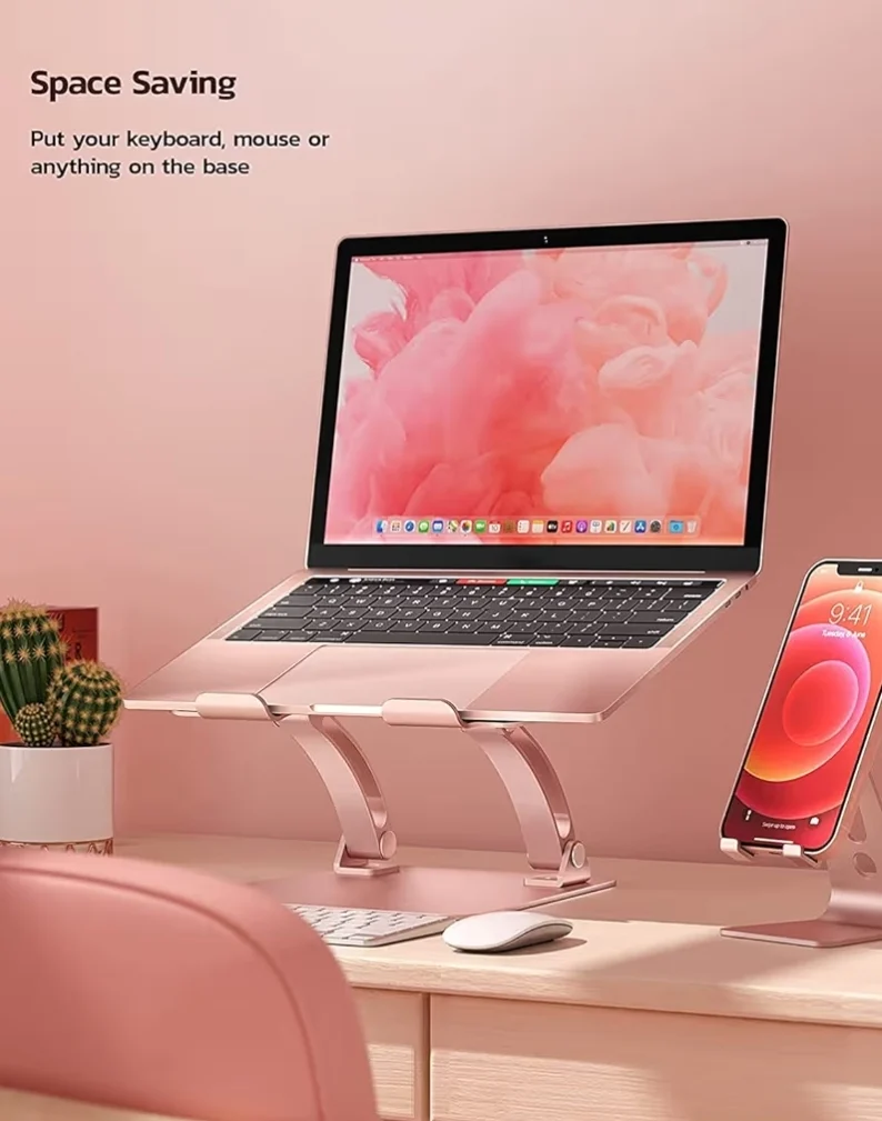 Fully Adjustable Laptop Stand Dual Foldable Aluminum Riser w/ Heat-Vent, Ergonomic Accessories Compatible with All 10-17" Laptops (Pink)