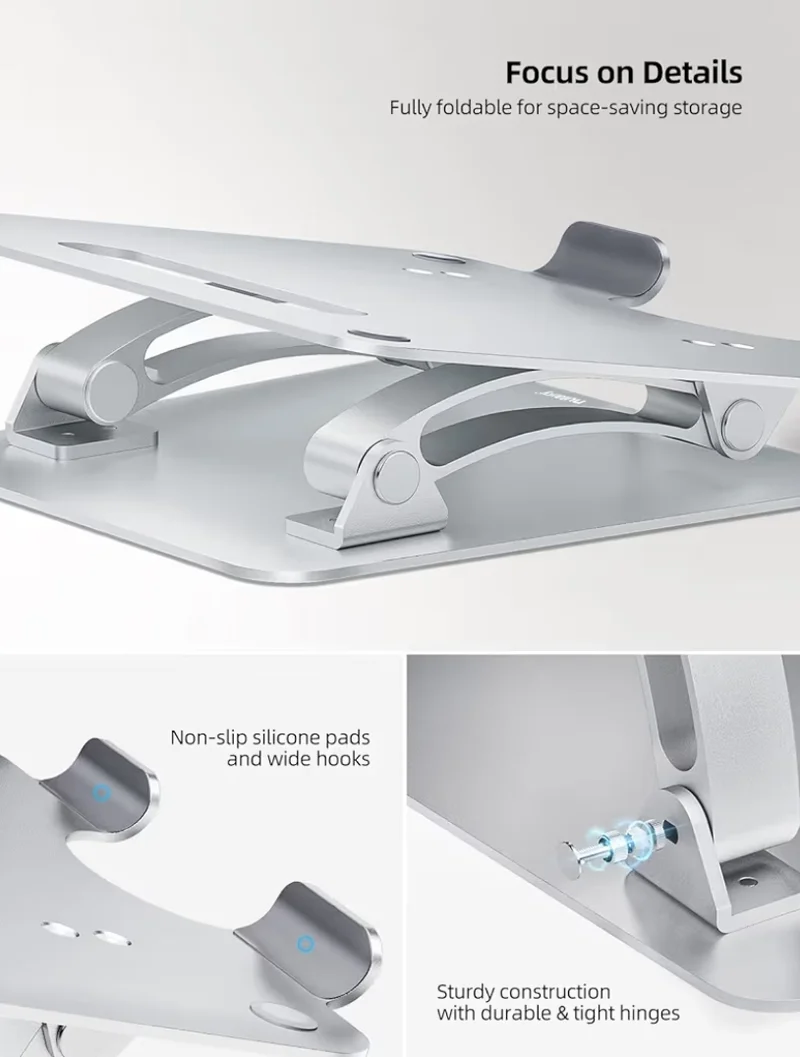 Fully Adjustable Laptop Stand Dual Foldable Aluminum Riser w/ Heat-Vent, Ergonomic Accessories Compatible with All 10-17" Laptops (Silver)