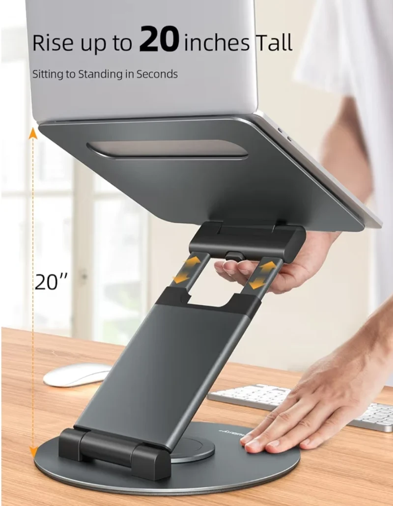 Telescopic 360 Rotating Laptop Stand for Desk Adjustable Height Swivel Pull Out Design Ergonomic Laptop Riser Standing Desk Converter Fits All 10-17" - Gray