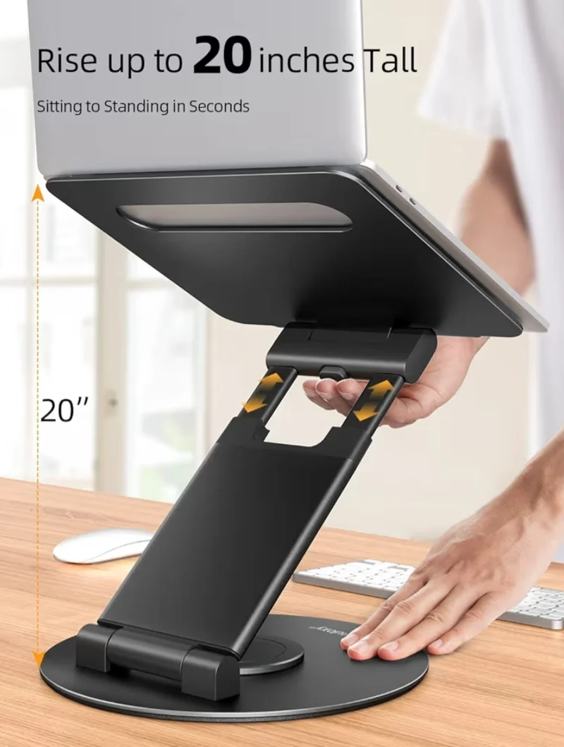 Telescopic 360 Rotating Laptop Stand for Desk Adjustable Height Swivel Pull Out Design Riser Fits All 10-17" Laptops - Black