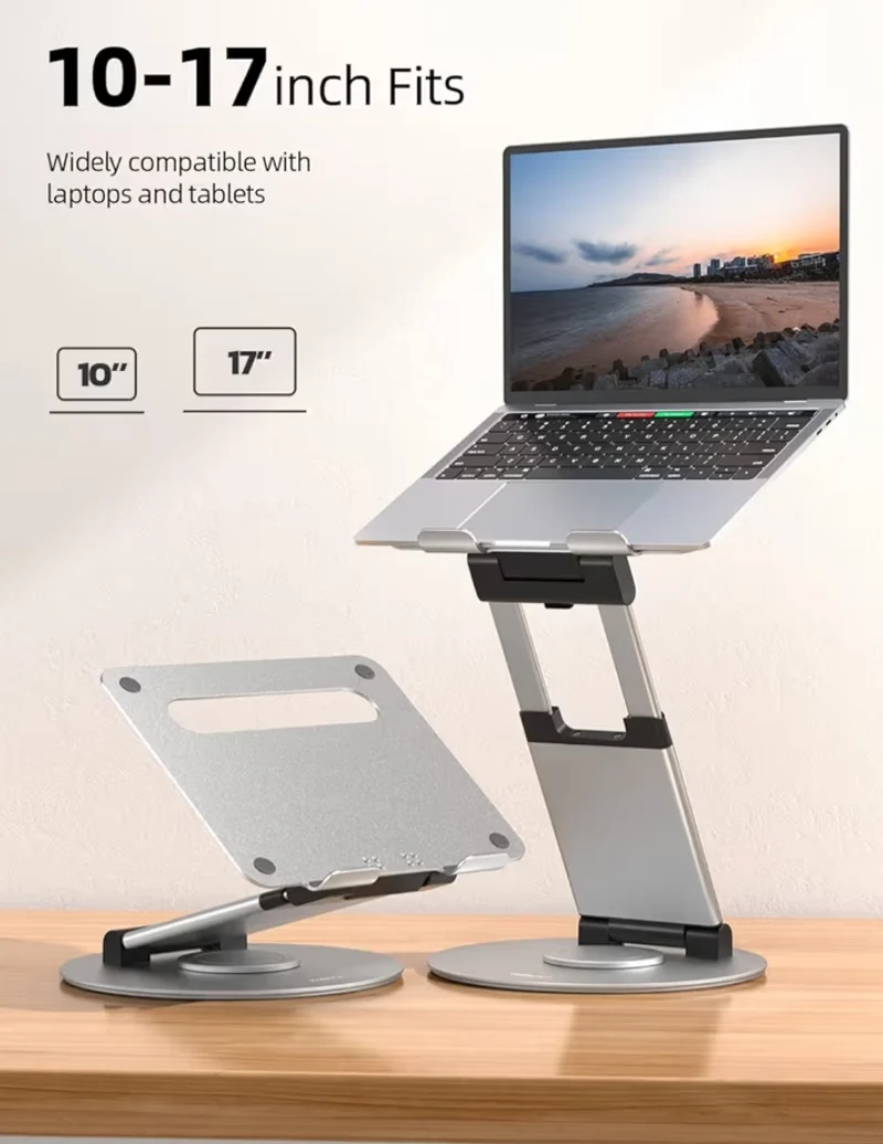 Telescopic 360 Rotating Laptop Stand for Desk Adjustable Height Swivel Pull Out Design Ergonomic Laptop Riser Fits All 10-17" - Silver