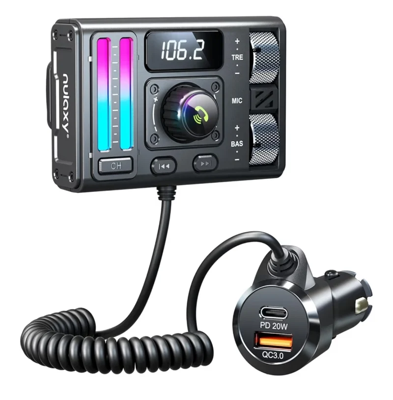 Bluetooth 5.3 Car FM Transmitter w/ Spiral Retractable Cable, DSP Noise Cancellation & Type-C, Hands-Free Calls & Music Streaming
