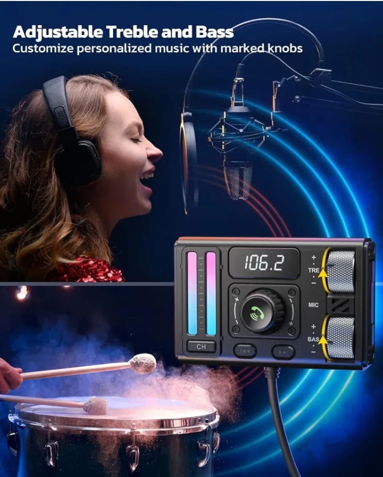 Bluetooth 5.3 Car FM Transmitter w/ Spiral Retractable Cable, DSP Noise Cancellation & Type-C, Hands-Free Calls & Music Streaming