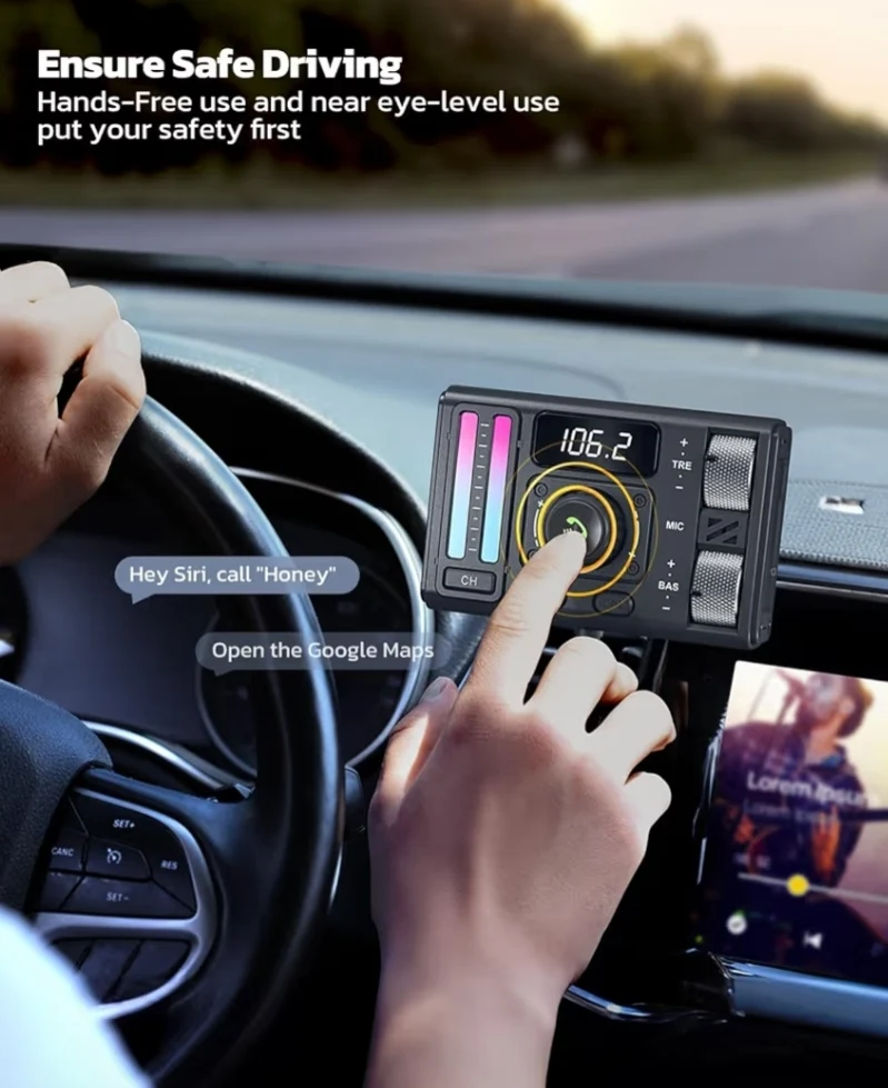 Bluetooth 5.3 Car FM Transmitter w/ Spiral Retractable Cable, DSP Noise Cancellation & Type-C, Hands-Free Calls & Music Streaming