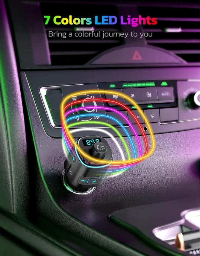 QC3.0 Bluetooth FM Transmitter Dual USB Charger Bluetooth Adapter Wireless Radio with 7-Color LED Backlit Light, Hands-Free Calling, Support USB Drive TF Card