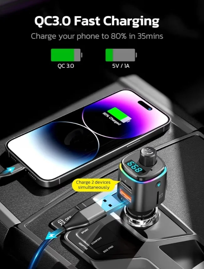QC3.0 Bluetooth FM Transmitter Dual USB Charger Bluetooth Adapter Wireless Radio with 7-Color LED Backlit Light, Hands-Free Calling, Support USB Drive TF Card