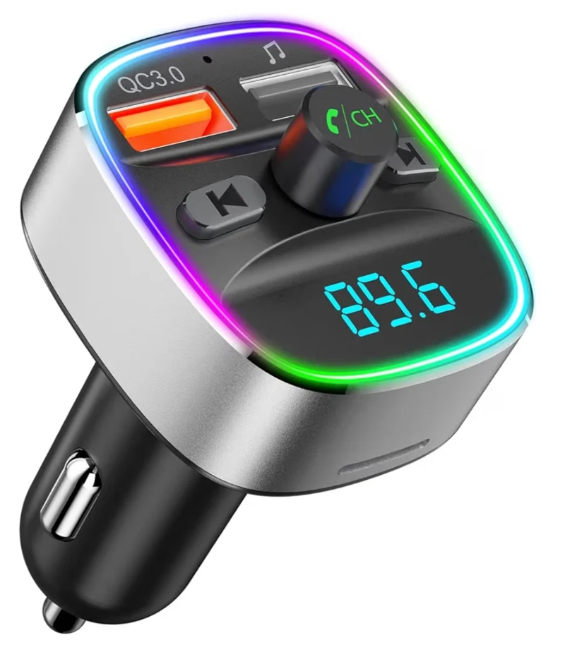 Bluetooth FM Transmitter,Car Adapter Charger w/ Dual USB Charging Ports, MP3 Music Player Supports TF Card Hands Free Calling - Silver