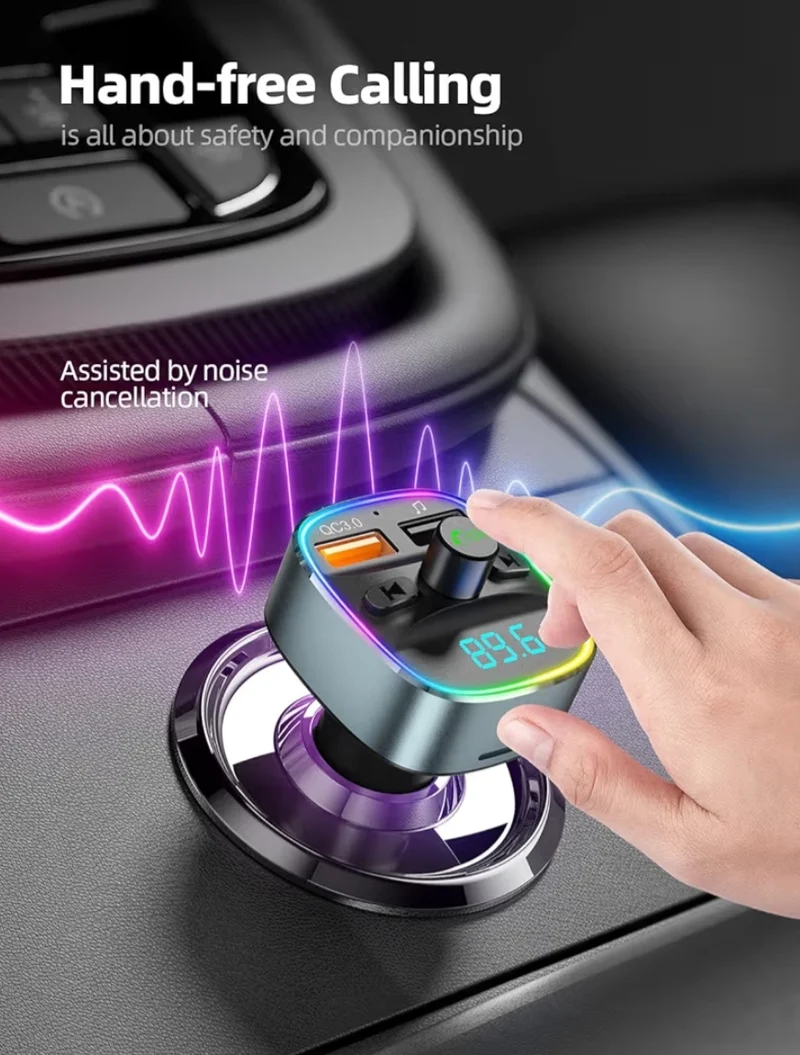 Bluetooth FM Transmitter,Car Adapter w/ Dual USB Charging, MP3 Player, TF Card & USB Disk, Hands-Free Calling, LED Backlit - Gray