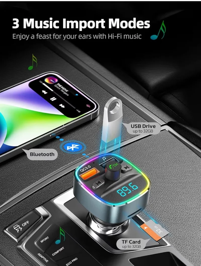 Bluetooth FM Transmitter,Car Adapter w/ Dual USB Charging, MP3 Player, TF Card & USB Disk, Hands-Free Calling, LED Backlit - Gray