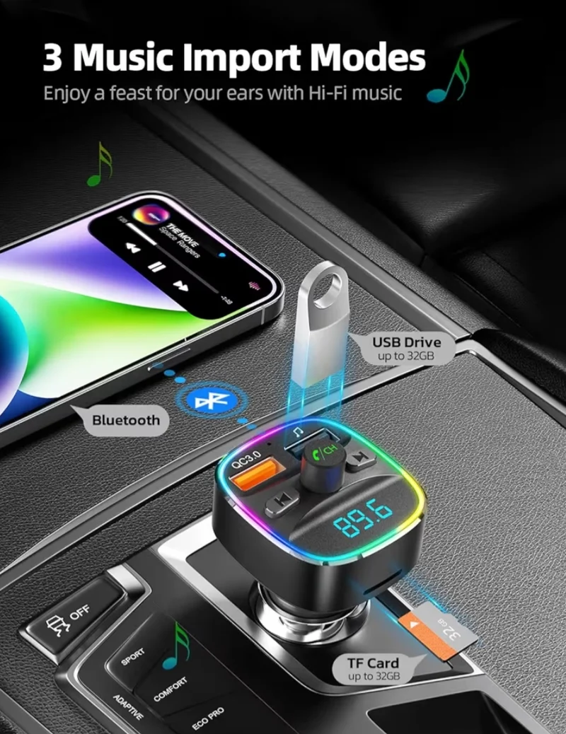 Bluetooth FM Transmitter, Car Adapter w/ Dual USB Charger Wireless Radio Car Kit MP3 Player Support TF Card & USB Disk - Black