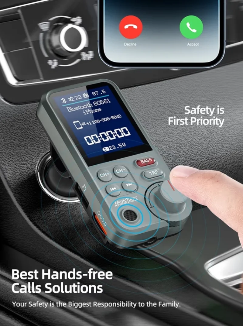 Bluetooth Transmitter Strong Microphone Car Adapter w/ 1.8" Color Screen for Hands-Free Calls, QC3.0 Charging - Grey