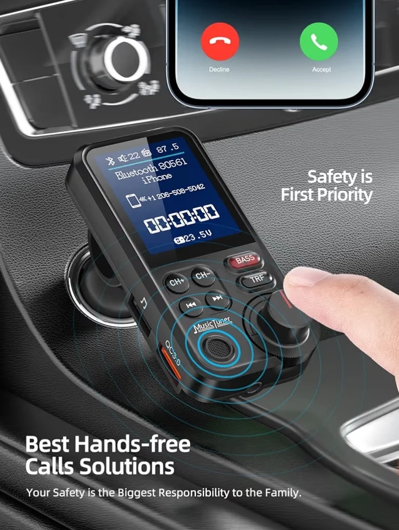 Bluetooth Car Adapter 1.8" Color Screen Strong Mic, QC3.0 Fast Charger FM Radio Transmitter w/ Treble & Bass, Hands-Free Calls, Supports AUX/TF Card/USB Drive