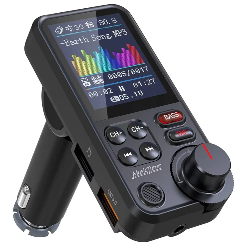 Bluetooth Car Adapter 1.8" Color Screen Strong Mic, QC3.0 Fast Charger FM Radio Transmitter w/ Treble & Bass, Hands-Free Calls, Supports AUX/TF Card/USB Drive