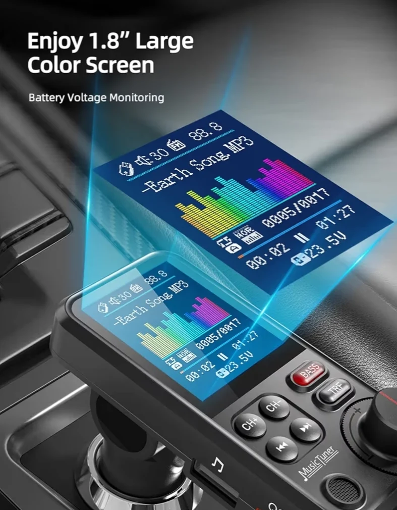 Bluetooth Car Adapter 1.8" Color Screen Strong Mic, QC3.0 Fast Charger FM Radio Transmitter w/ Treble & Bass, Hands-Free Calls, Supports AUX/TF Card/USB Drive