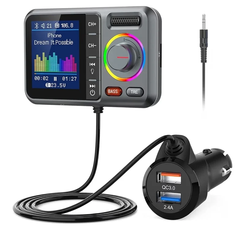 Bluetooth FM Transmitter Adapter , Support QC3.0 Fast Charging, Hands-Free Call, MP3 Music Player TF Card AUX - Grey