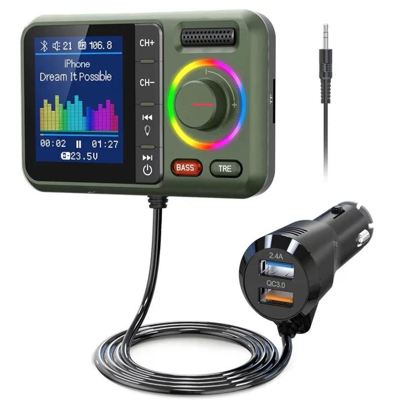 Bluetooth FM Transmitter Adapter , Support QC3.0 Fast Charging, Hands-Free Call, MP3 Music Player TF Card AUX - Green