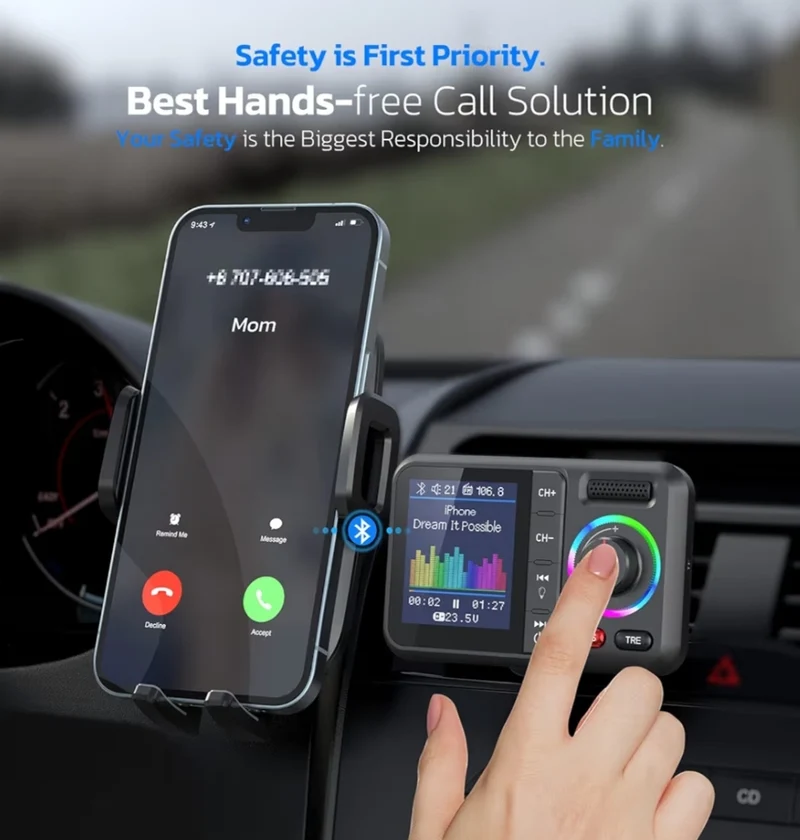 Bluetooth FM Transmitter Adapter , Support QC3.0 Fast Charging, Hands-Free Call, MP3 Music Player TF Card AUX - Black