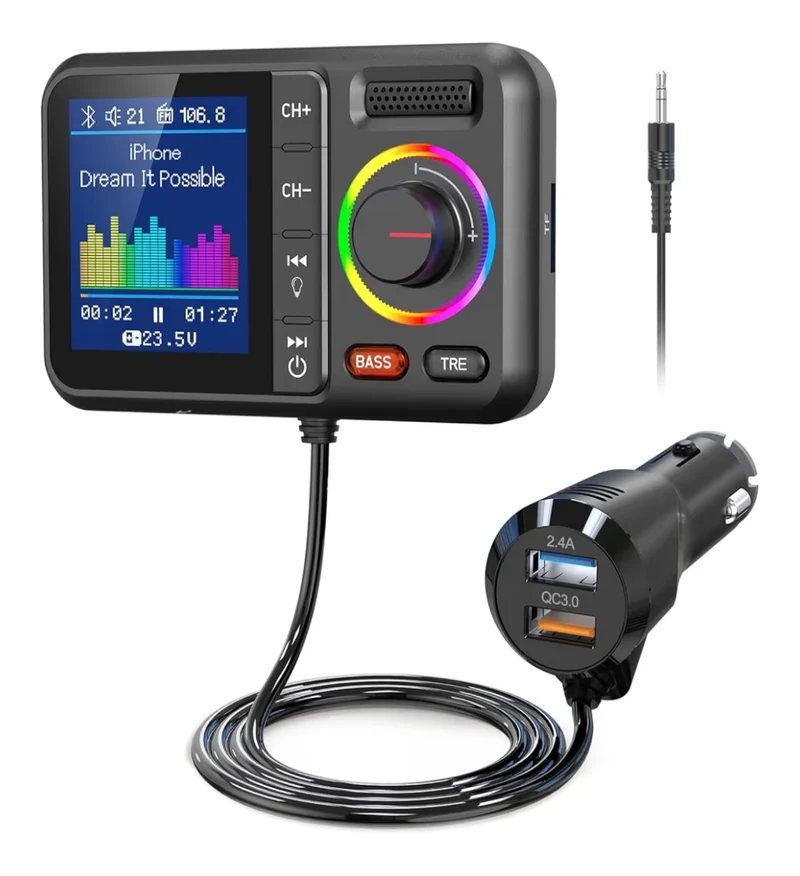 Bluetooth FM Transmitter Adapter , Support QC3.0 Fast Charging, Hands-Free Call, MP3 Music Player TF Card AUX - Black