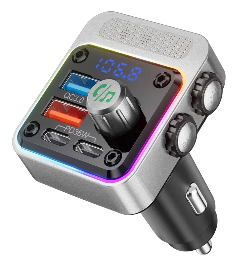 54W Bluetooth 5.3 Car Adapter w/ 4 Charging Ports Wireless Radio FM Transmitter & 5 Colors LED Backlit, Hands-Free Calling - Silver