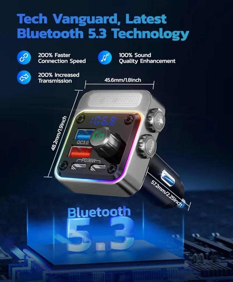 54W Bluetooth 5.3 Car Adapter w/ 4 Charging Ports Wireless Radio FM Transmitter & 5 Colors LED Backlit, Hands-Free Calling - Silver